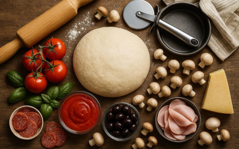 nguyên liệu và dụng cụ làm bánh pizza