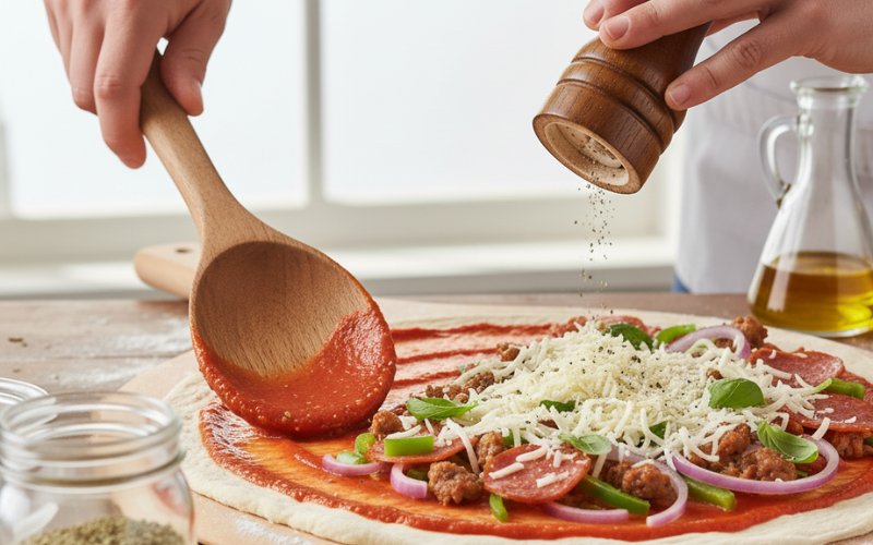 phết sốt, thêm nhân & phô mai